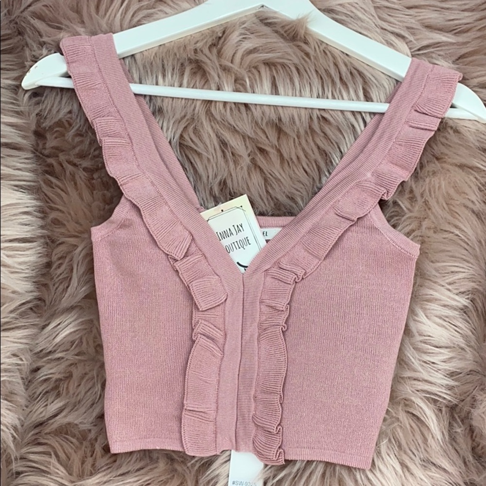 Ribbed knotted dusty rose crop top w.ruffles